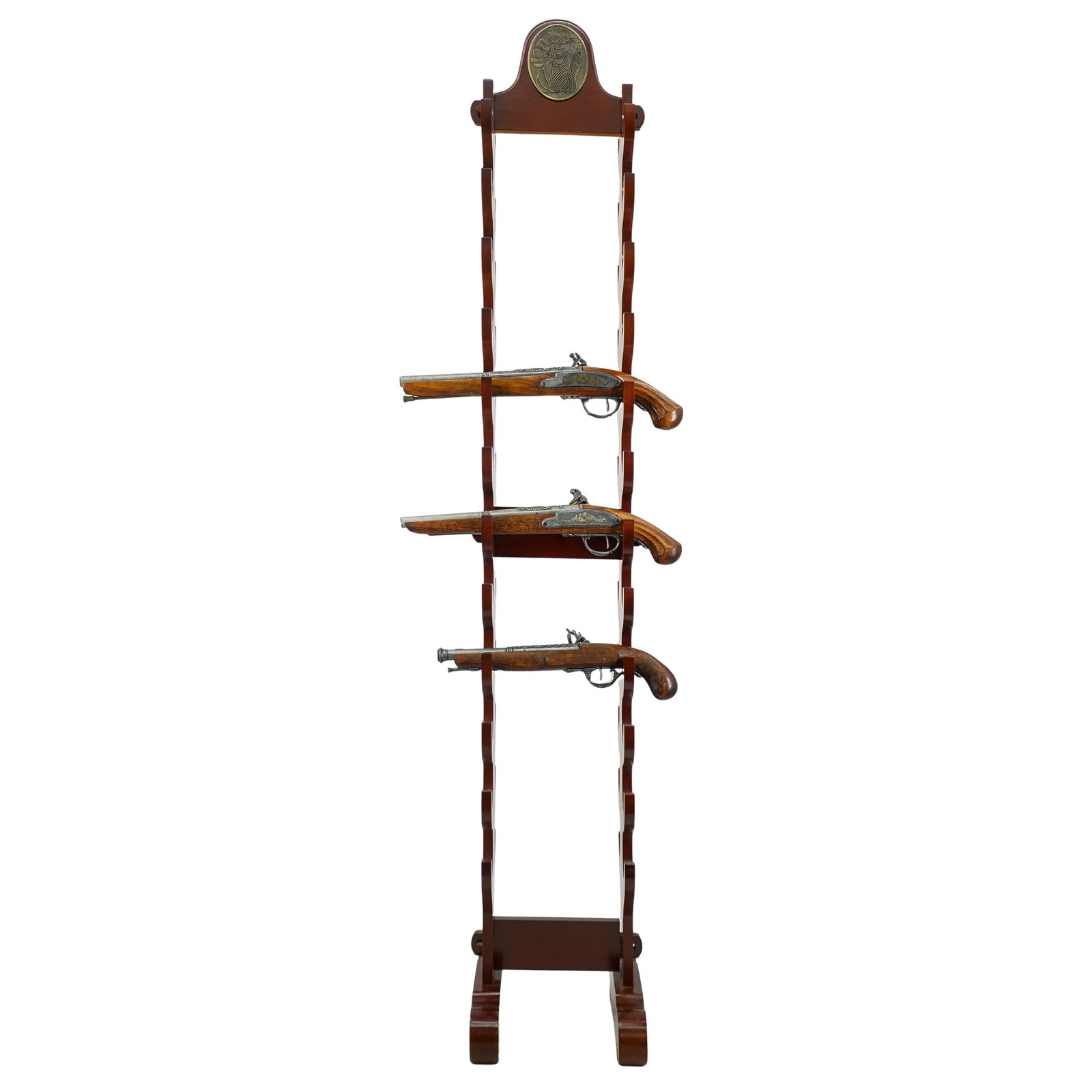 (4 Pc) Wooden Floor Gun Stand with Pistols: DESCRIPTION: A wooden floor mount stand for displaying guns, with its own base. Weapons can be displayed on both sides of the rack, one side can hold 12 weapons, so if both sides are used to their ful