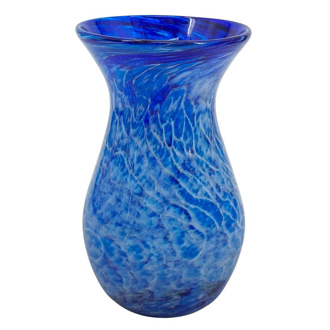 Vintage Murano Blue Glass Vase: DESCRIPTION: Vintage Murano glass vase crafted in a bulbous form sporting a flared lip and featuring an opaque blue, swirling pattern. CIRCA: 20th Century ORIGIN: Italy DIMENSIONS: H: 8.75" D: 5" COND