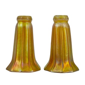 (2 Pc) Louis Comfort Tiffany Favrile Art Glass Lamp Tulip Shades