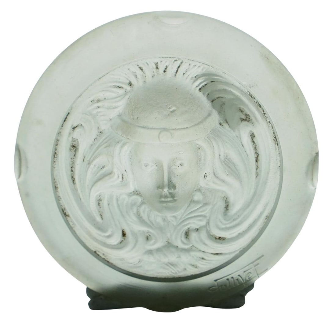 1920s French Andre Jollivet Frosted Glass Plaque: DESCRIPTION: 1920s French Andre Jollivet frosted art glass plaque, depicting a female face mask, with Art Nouveau aesthetic style. With signature "Jovillet". CIRCA: 1920s ORIGIN: France DIMENSIONS: W: