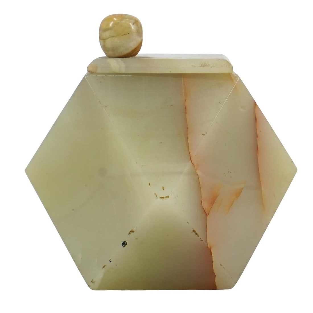 Designer Carved Onyx Box: DESCRIPTION: A designer carved onyx box with sphere topped swivel cover and geometric faceted design. CIRCA: 20th Cent. ORIGIN: Continental DIMENSIONS: H: 3" x Dia: 3.25" CONDITION: Minor chipping to 