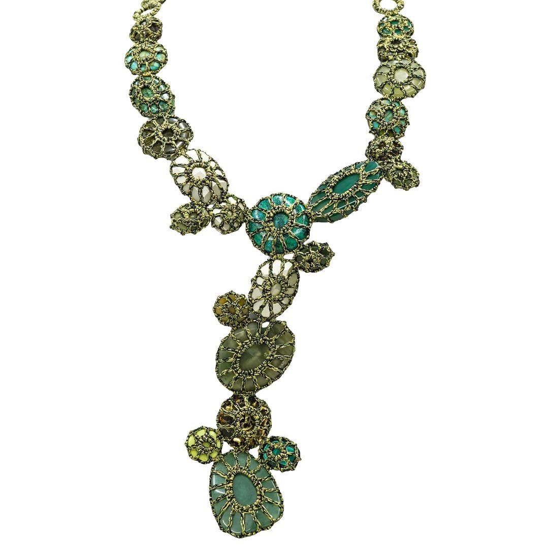 Boks & Baum Paris Gemstone Necklace: DESCRIPTION: Boks & Baum Paris necklace, made with lurex, and rayon, and features various gemstones such as turquoise and Swarovski crystals. CIRCA: 21st Century ORIGIN: France DIMENSIONS: (Pendant) H