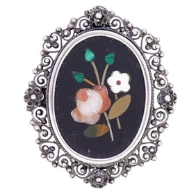 Silver Pietra Dura Floral Brooch