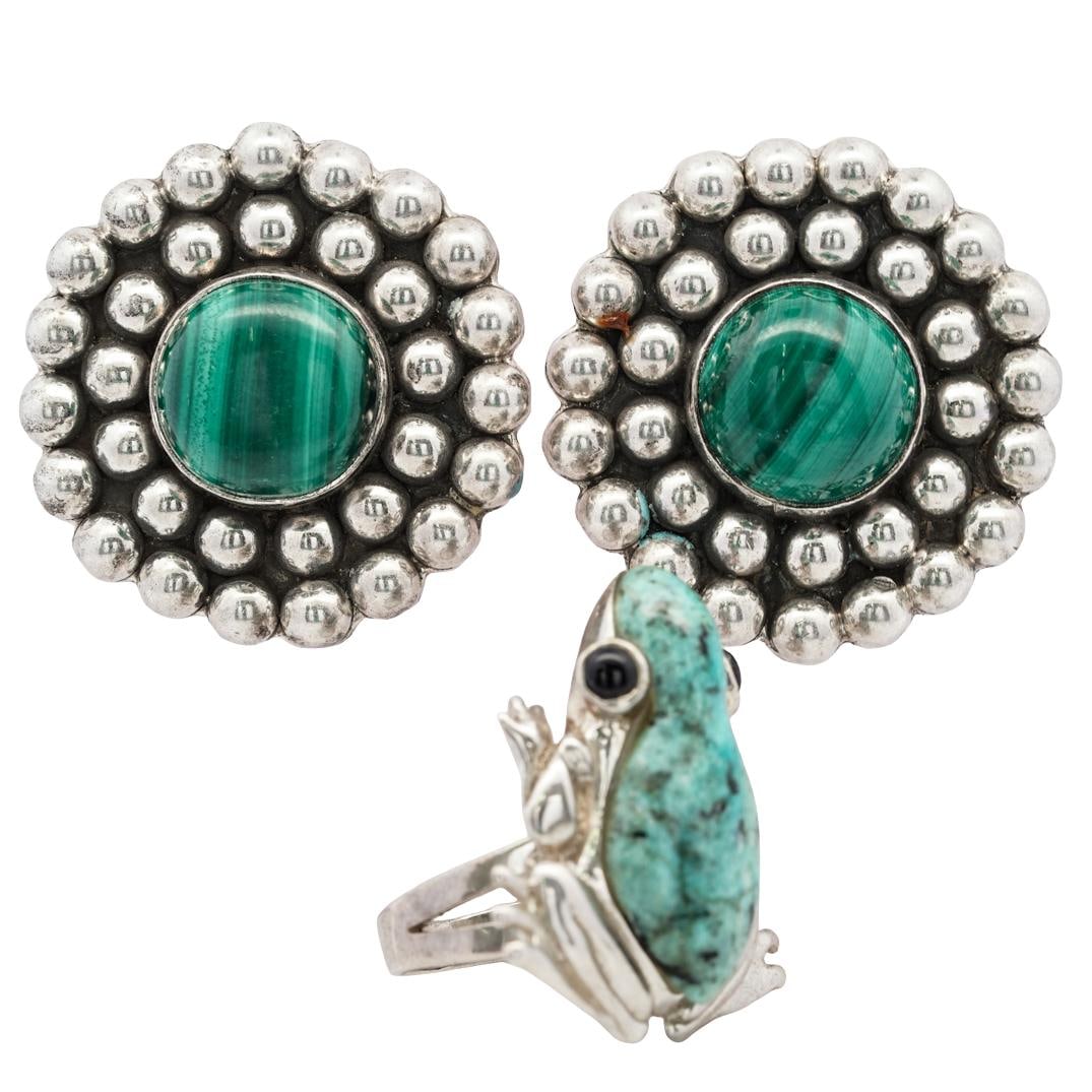 (3 Pc) Vintage Mexican Sterling Silver Ring And Earrings (1 of 7)