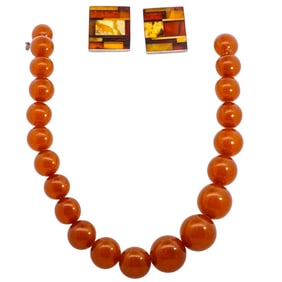 (3 Pc) Butterscotch Amber Graduated Bead Necklace W/ Egg Yolk Amber Earrings