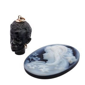 (2 Pc) Blue Agate Cameo And Nubian Carved Horn Head