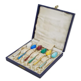 (6 Pc) Danish Gilt Sterling Silver & Enamel Spoons