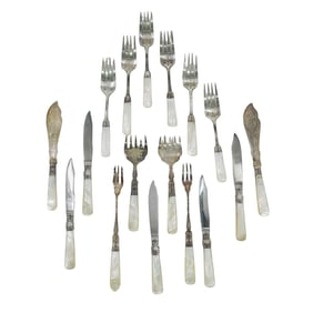 (17 Pc) Vintage MOP & Silver Flatware Set