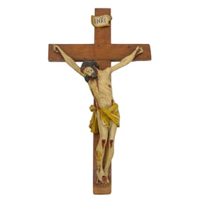 Antique Carved Polychrome Wood Crucifix