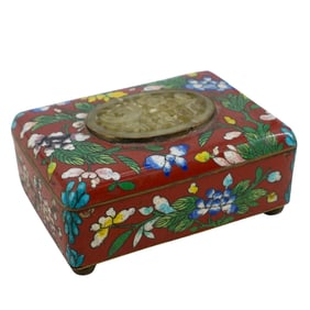 Antique Chinese Enamel Cloisonne Hinged Box W/ Jade Carving