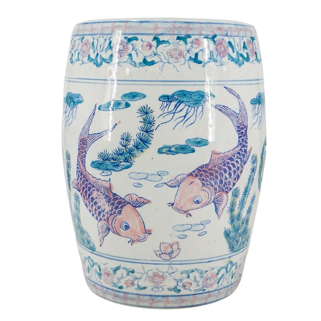 Chinese Porcelain Garden Stool: DESCRIPTION: Chinese glazed porcelain garden stool in white porcelain with a polychrome underwater decorative motif depicting fish motifs, and floral decorative bands. The decorations are hand painted