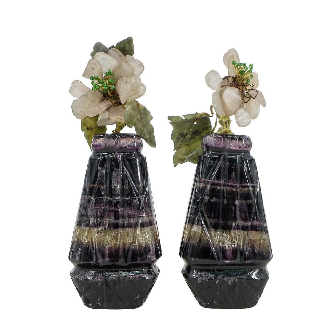 (2 Pc) Chinese Amethyst & Semi Precious Stone Carved Flowers (1 of 5)