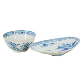 (2 Pc) Antique Chinese Blue & White Porcelain Bowl / Dish Set