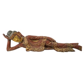Antique Reclining Wooden Buddha Sculpture