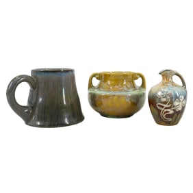 (3 Pc) Fulper Pottery & Silver Overlay Vessels Grouping