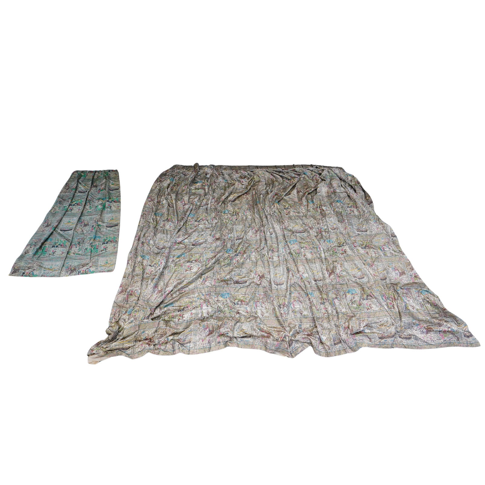 (2 Pc) Persian Themed Printed Silk Curtains Grouping: DESCRIPTION: (2 Pc) Persian Themed Printed Silk Curtains Grouping, the silk fabric designed with characteristic Persian figurative motifs, and cotton lining. This set of two curtains, include one (1)