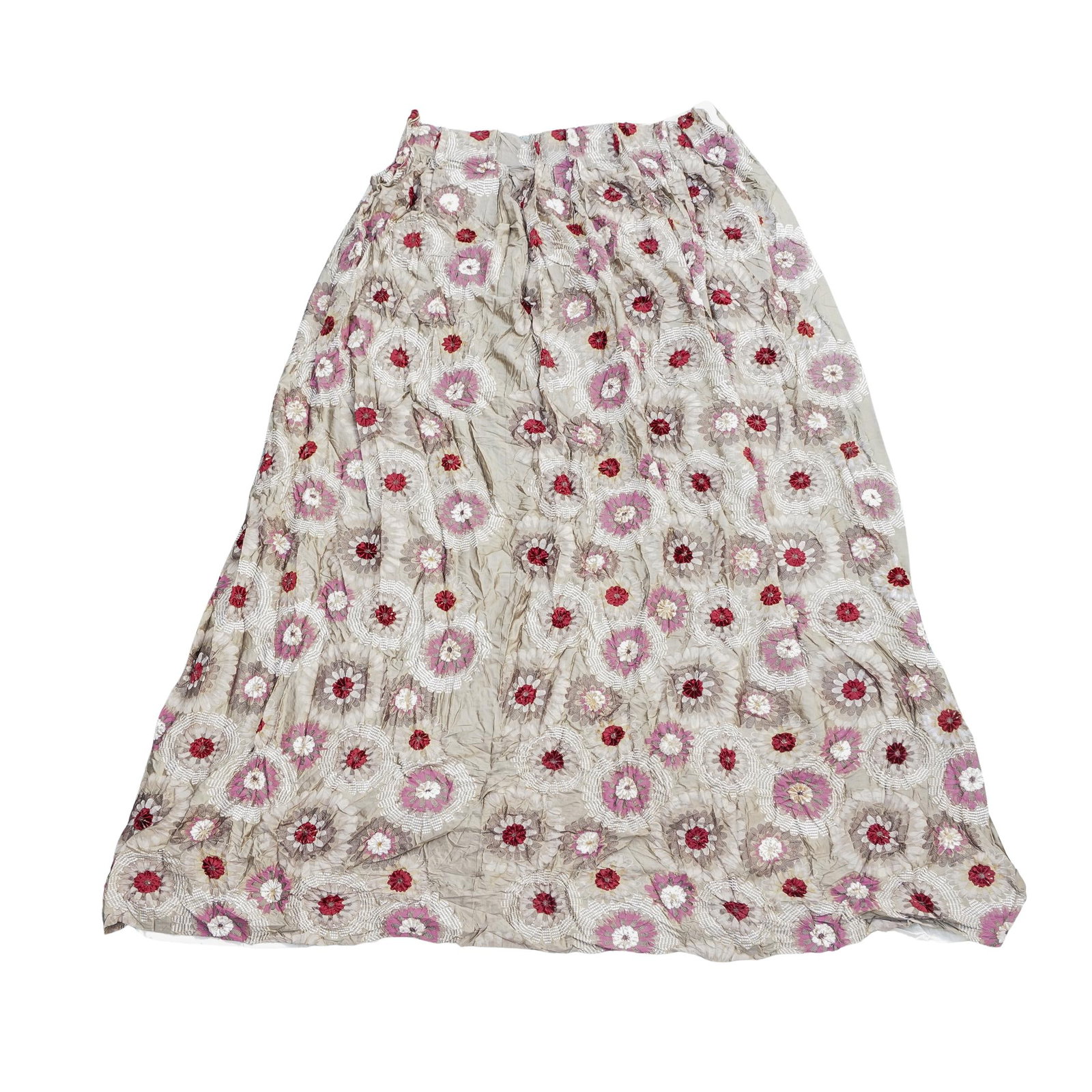 Vintage Taupe Silk Floral Embroidered Large Curtain: DESCRIPTION: Vintage floral embroidered large curtain in taupe hued silk, embellished with floral embroidered motifs in pink, beige, and burgundy colors. CIRCA: 20th Century ORIGIN: Continental DIMENS