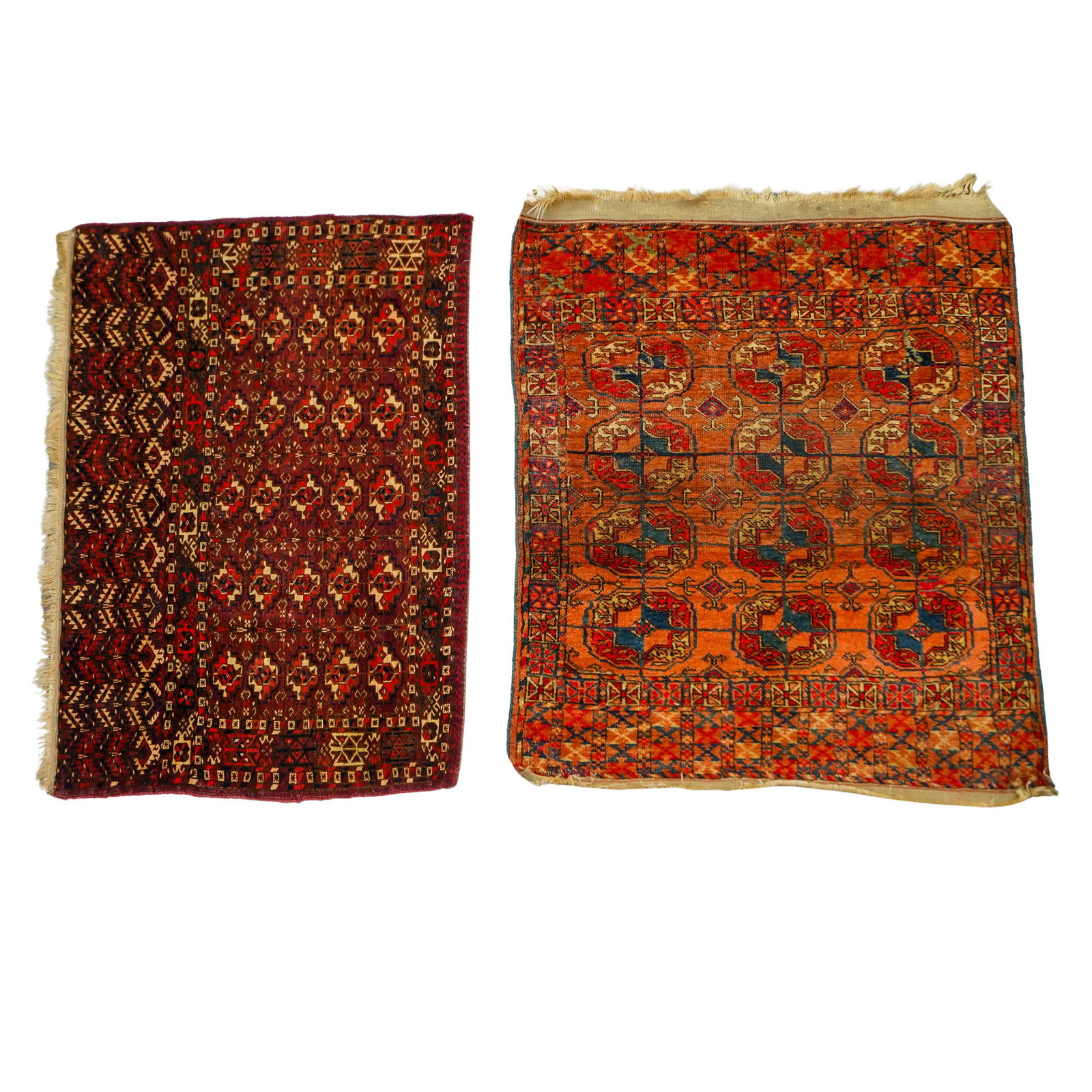 (2 Pc) Antique Turkmen Rectangular Accent Area Rugs: DESCRIPTION: (2 Pc) Antique Turkmen rectangular accent area rugs with horsehair warps, depicting geometrical motifs. in dark red, browns and black accents. CIRCA: 19th Century ORIGIN: Central Asia DIM