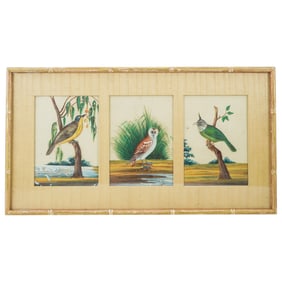19th Century Indian School Bird Triptych Oil On Mica