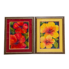 (2 Pc) Judy Mercer (American, 1960-2021) Hibiscus Watercolor Paintings