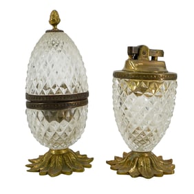 (2 Pc) Antique French Gilt Bronze And Cut Glass Table Lighter And Box