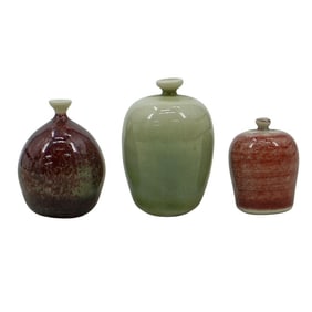 (3 Pc) Miniature Porcelain Pinched Necked Vases, Signed