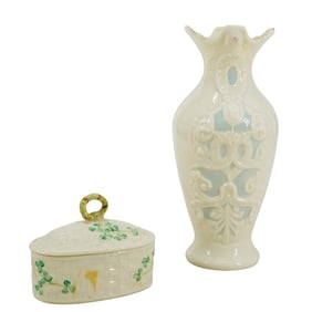 (2 Pc) Antique Belleek Porcelain Vase And Lidded Box