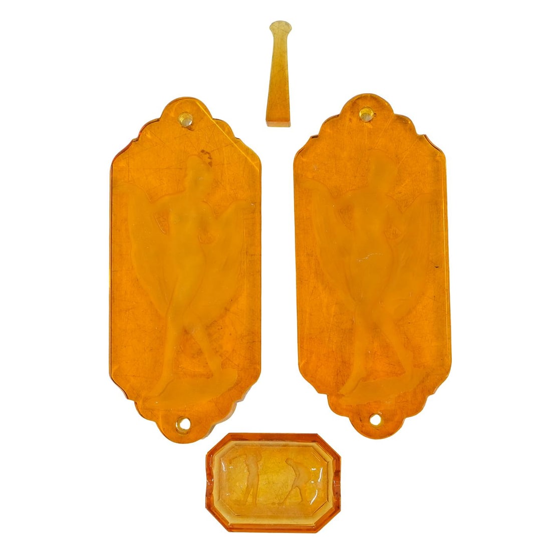 (4 Pc) Czech Art Glass Assorted Grouping: DESCRIPTION: (4 Pc) Czech art glass assorted grouping. Includes: (2 Pc) A pair of Czech art glass oval plaques in amber hued glass, embellished with classical nude intaglio figures. (1 Pc) Czech small
