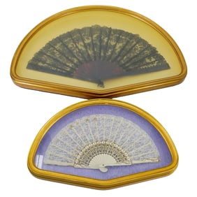 (2 Pc) Vintage Lace Handled Fans In Gilt Shadow Box Frame