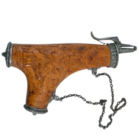 German Carved Wood & Cast Brass Powder Flask