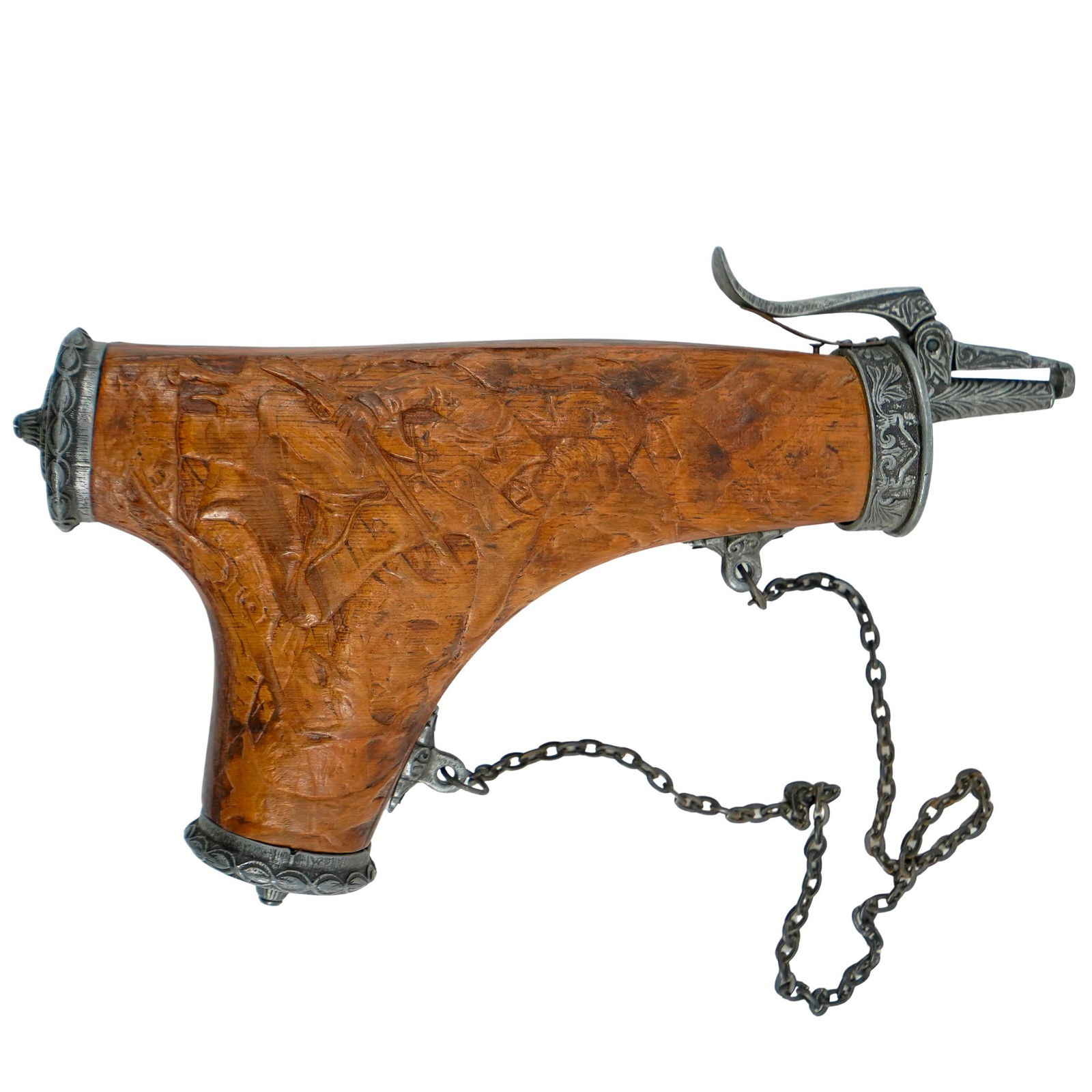 German Carved Wood & Cast Brass Powder Flask (1 of 8)