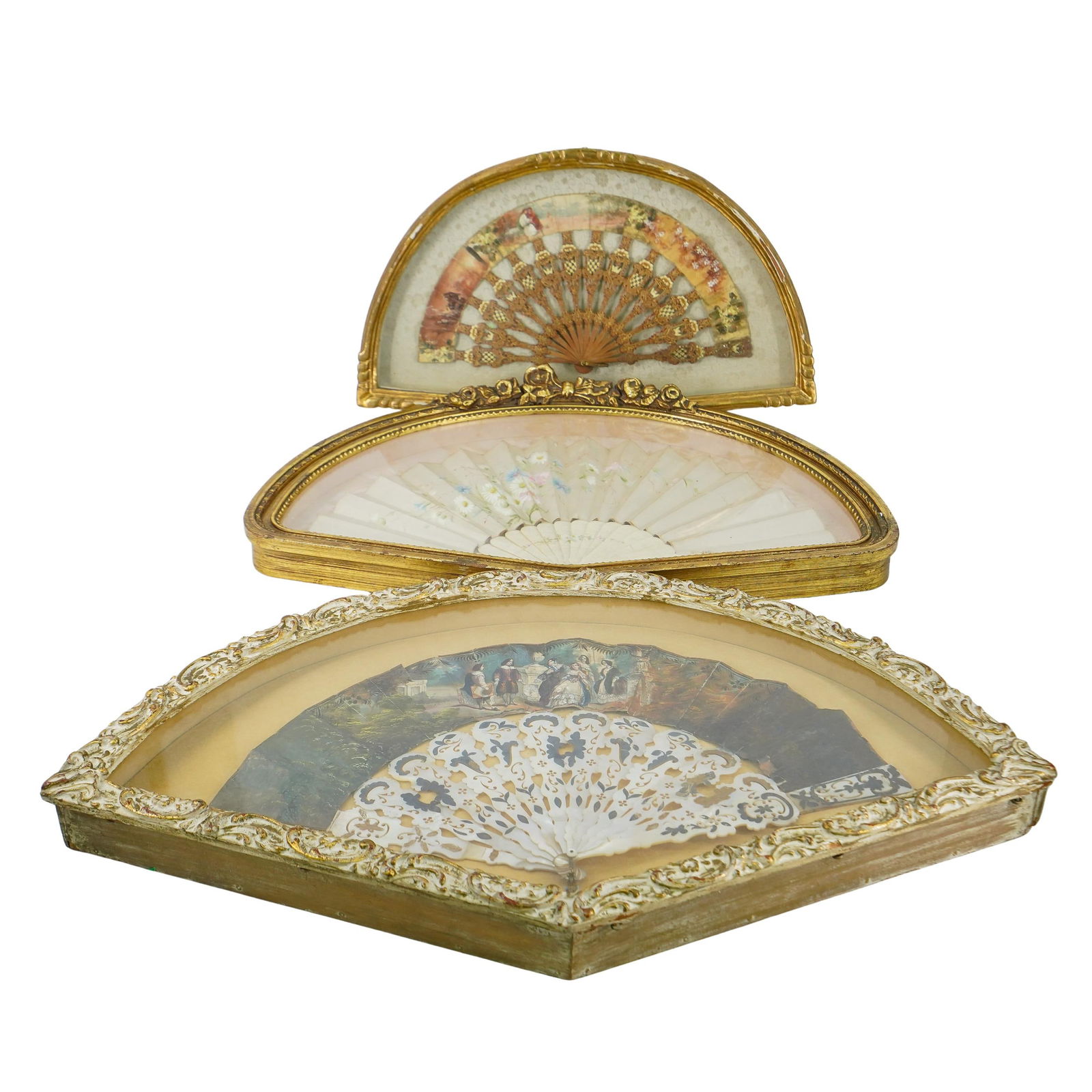 (3 Pc) Antique Hand Painted Handheld Fans In Shadow Box Grouping (1 of 20)