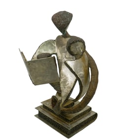 Reading Mother W/ Children' Mixed Metal Sculpture