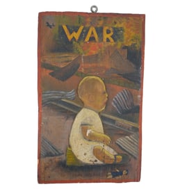 Mid Century 'War' Carved and Painted Wooden Board