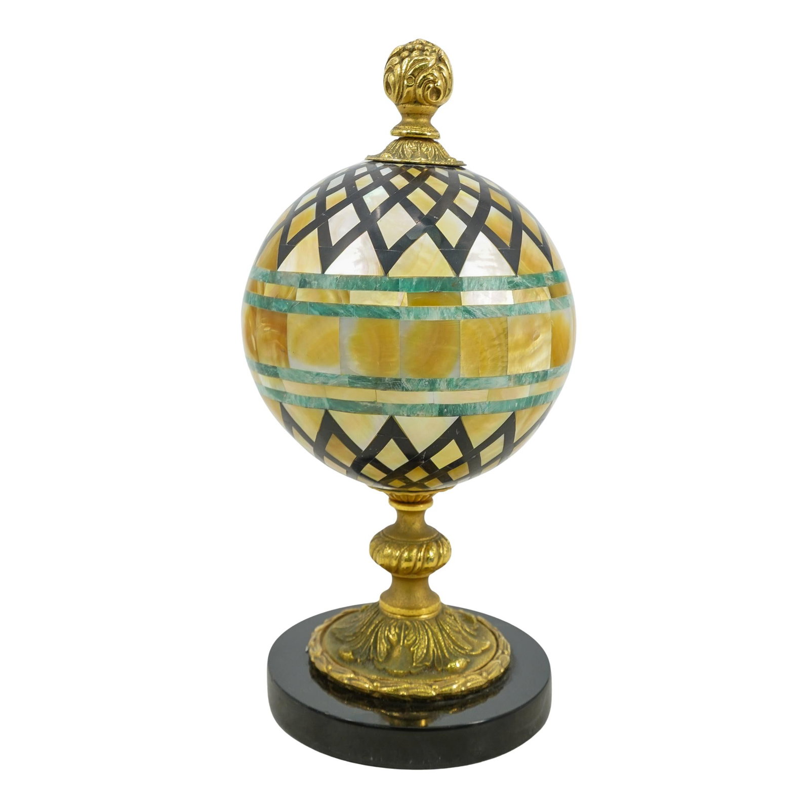 Decorative Mother of Pearl Spherical Statue: DESCRIPTION: Decorative spherical statue, crafted with lattice like black overlay with inlaid mother of pearl. It's supported by an ornate gold tone pedestal with carved floral patterns and a gold orn