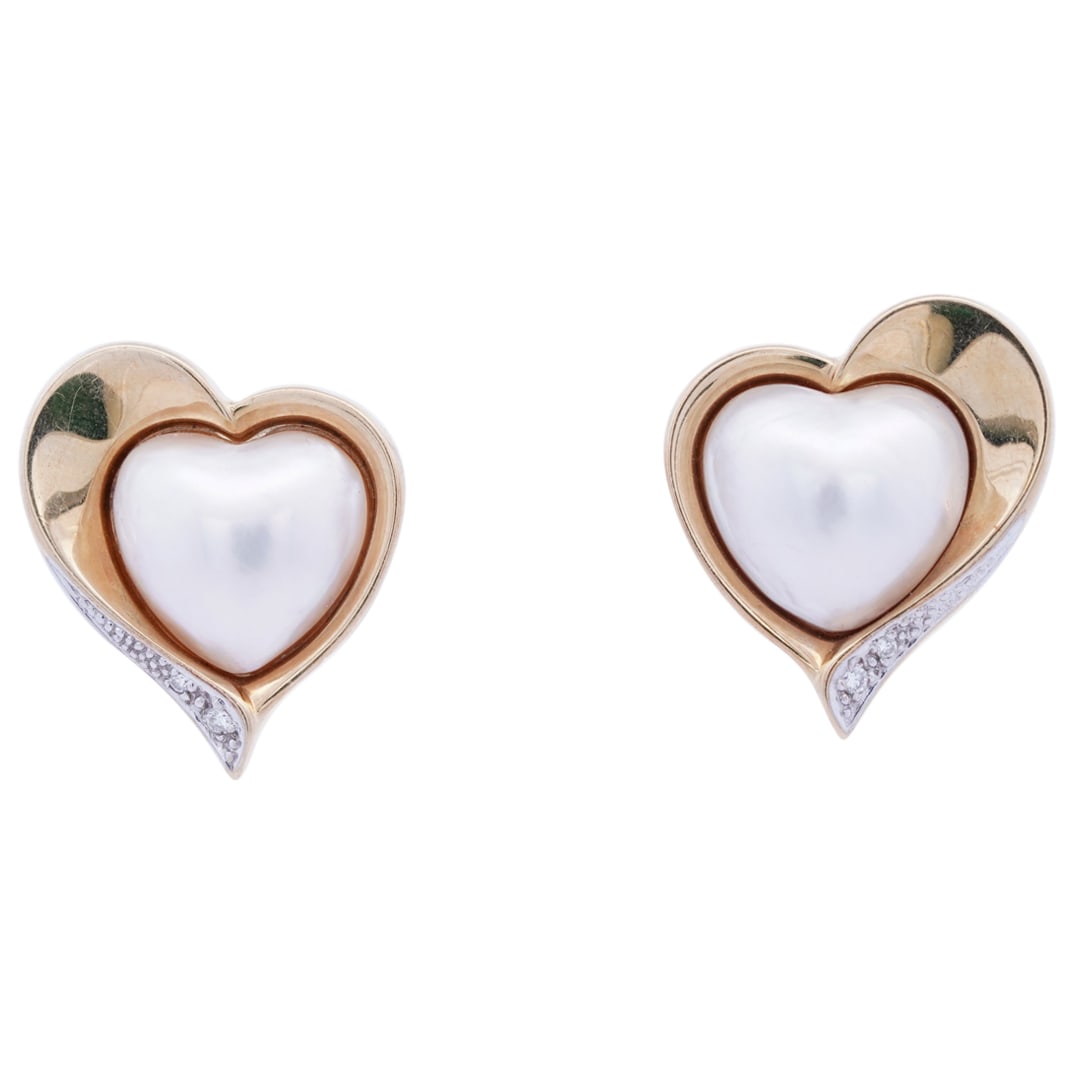 Pair 14k Gold, Pearl, & Diamond Heart Earrings (1 of 3)