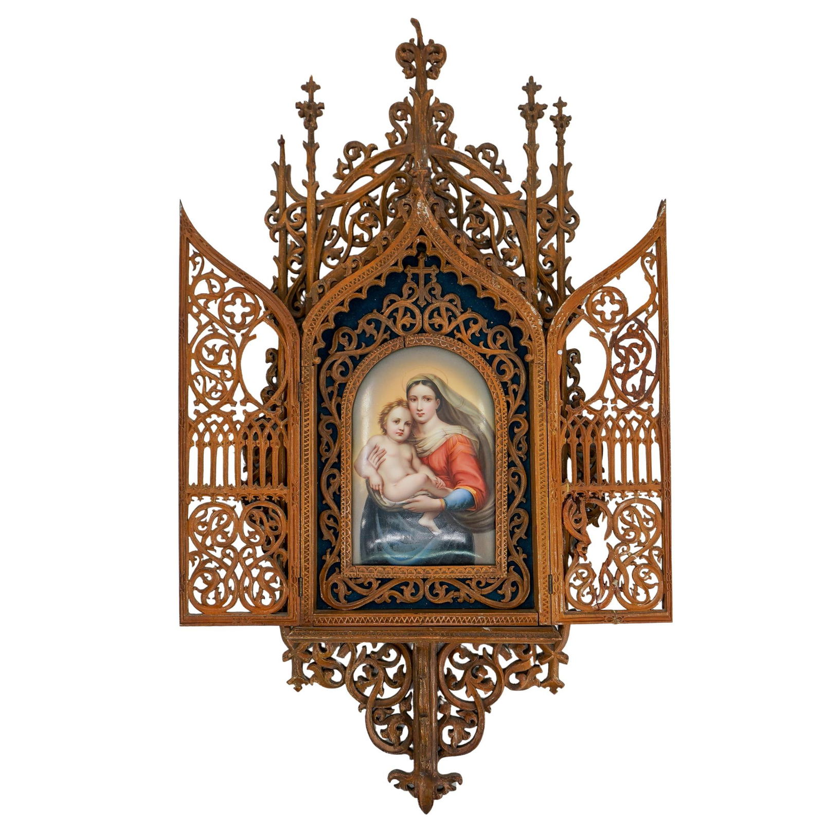 Antique Italian Porcelain Madonna & Child Plaque In Gothic Revival Shrine (1 of 8)