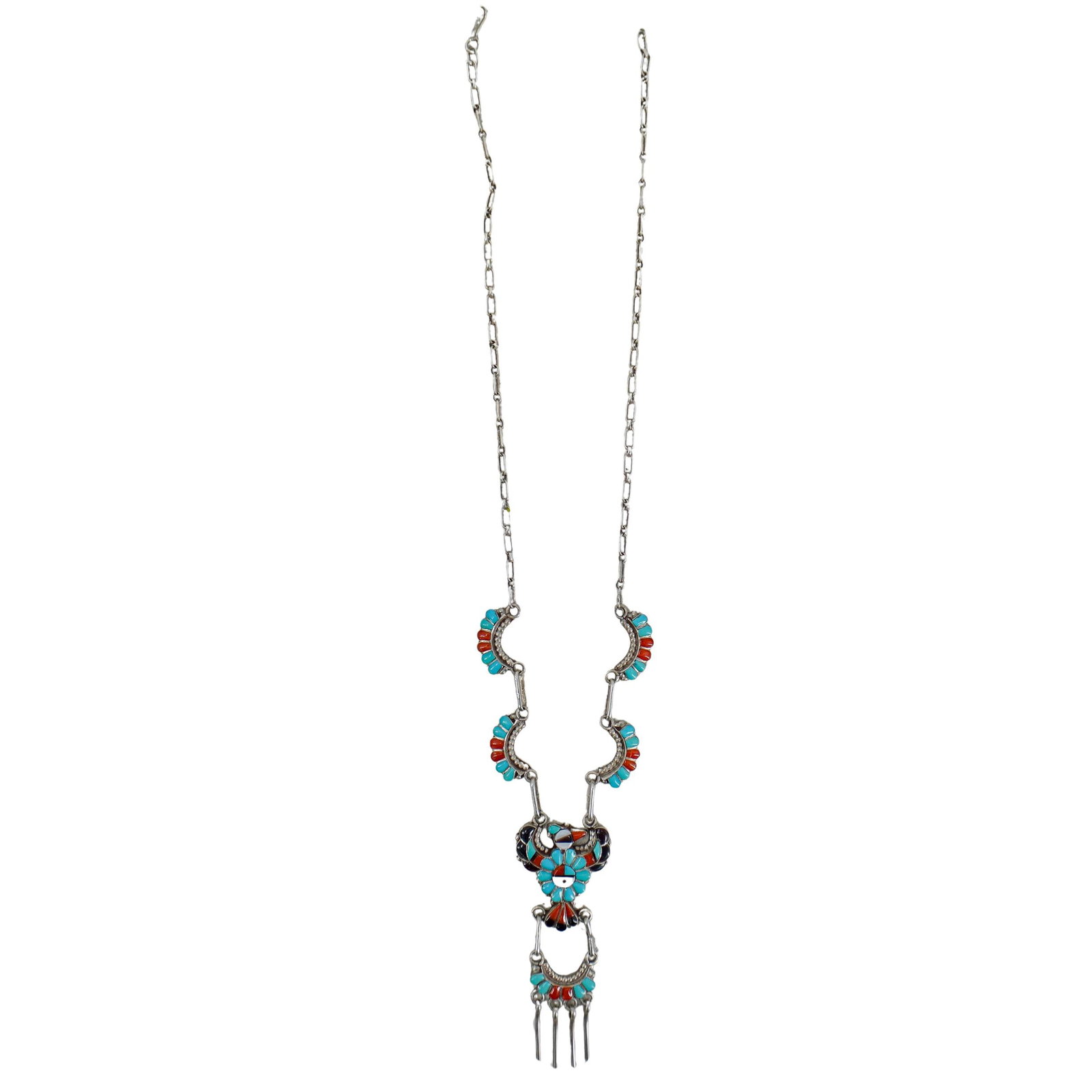 Zuni Lonjose Sterling Silver, Turquoise & Coral Necklace: DESCRIPTION: Zuni Larry & Faye Lonjose sterling silver necklace, featuring inlaid turquoise and coral stones throughout. Signed on reverse. Total weight: 15.83g CIRCA: 20th Century ORIGIN: USA DIMENSI