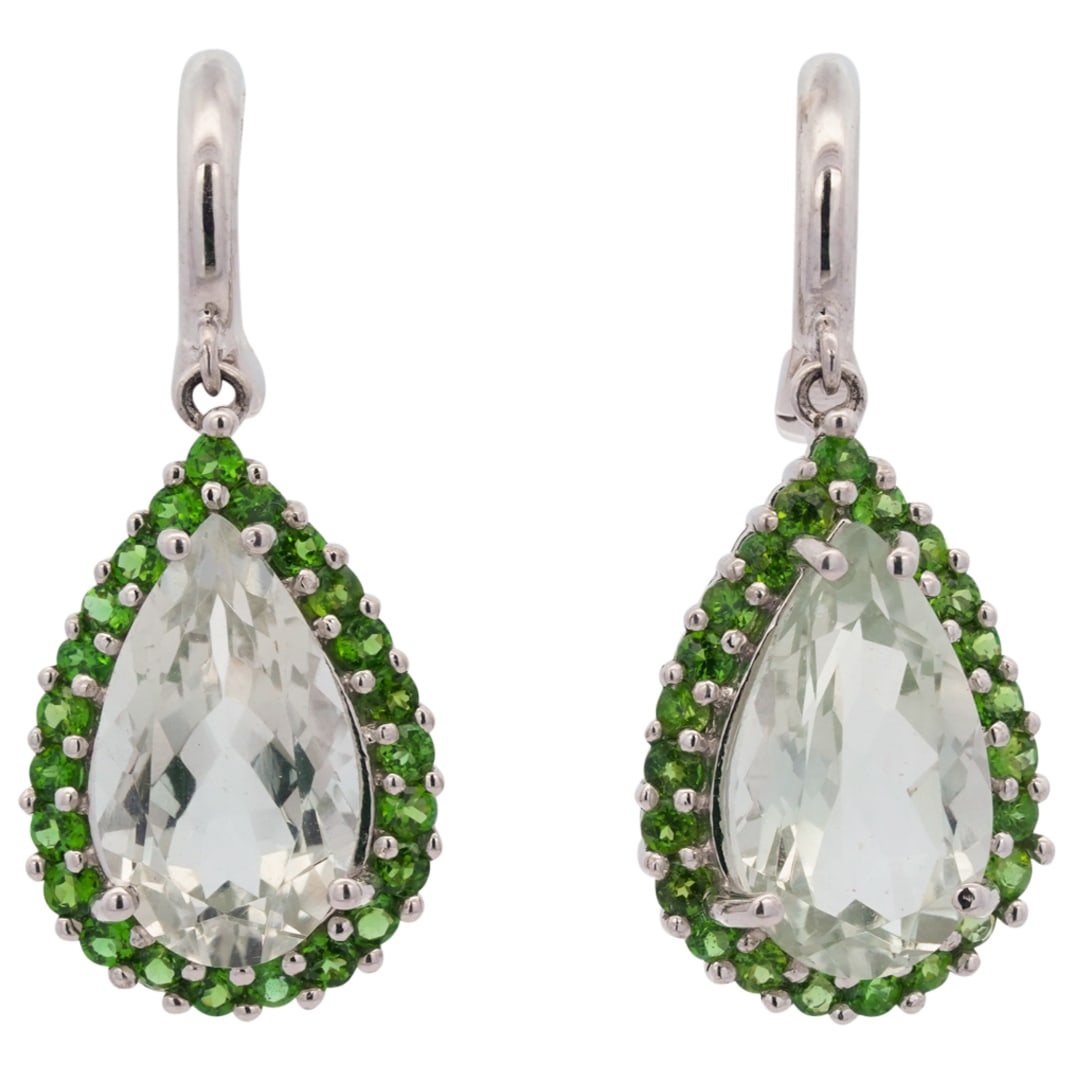 Pair of 10k White Gold, Topaz, & Peridot Earrings: DESCRIPTION: Pair of 10k white gold earrings, featuring a large faceted teardrop shaped center topaz stone, surrounded by a halo of small round cut topaz stones. Hallmarked "10k DV" Total weight: 6.21