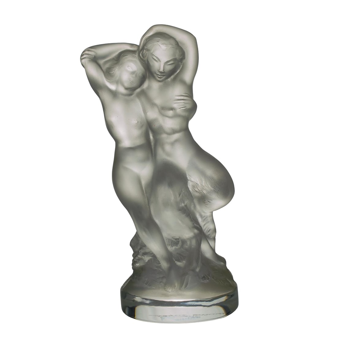 Lalique "Fauna" Crystal Figurine: DESCRIPTION: Lalique "Fauna" frosted crystal figurine, depicting a nude couple embracing each other on a rounded base. Sticker attached to underside reads "Cristal Lalique Paris" CIRCA: Early 20th Cen