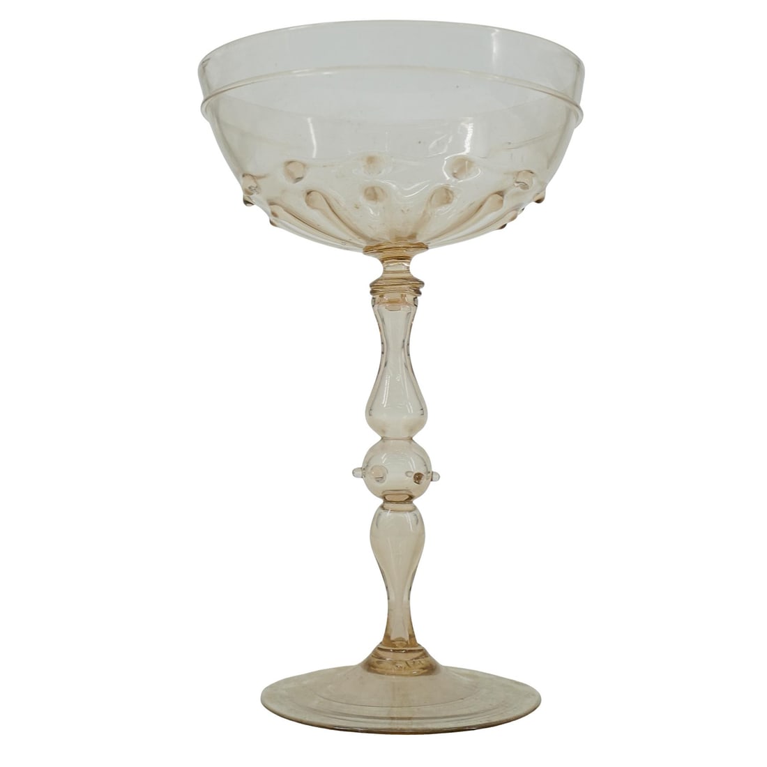 Vintage Venetian Murano Glass Chalice: DESCRIPTION: A vintage Venetian Murano glass chalice with green colorations, tapered support, and ribbed body. CIRCA: 20th Cent. ORIGIN: Italy DIMENSIONS: H: 7.75" x dia: 5" CONDITION: Great overall c