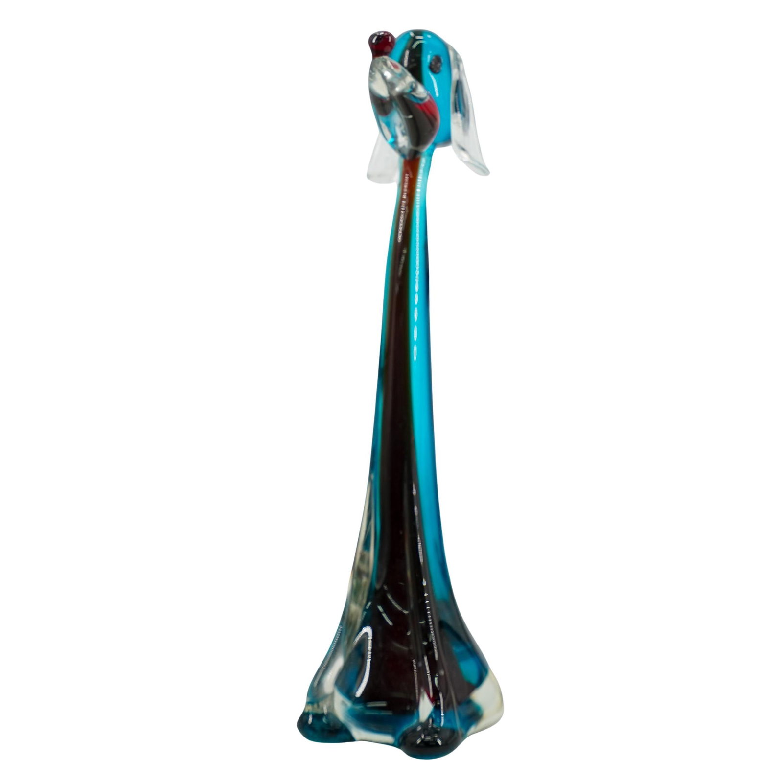 Murano Blue Glass Dog Figurine: DESCRIPTION: Murano glass figurine, depicting a dog hand blown from blue glass with a red glass nose. Sticker attached to underside reads "Made in Murano Italy" CIRCA: 20th Century ORIGIN: Italy DIMEN
