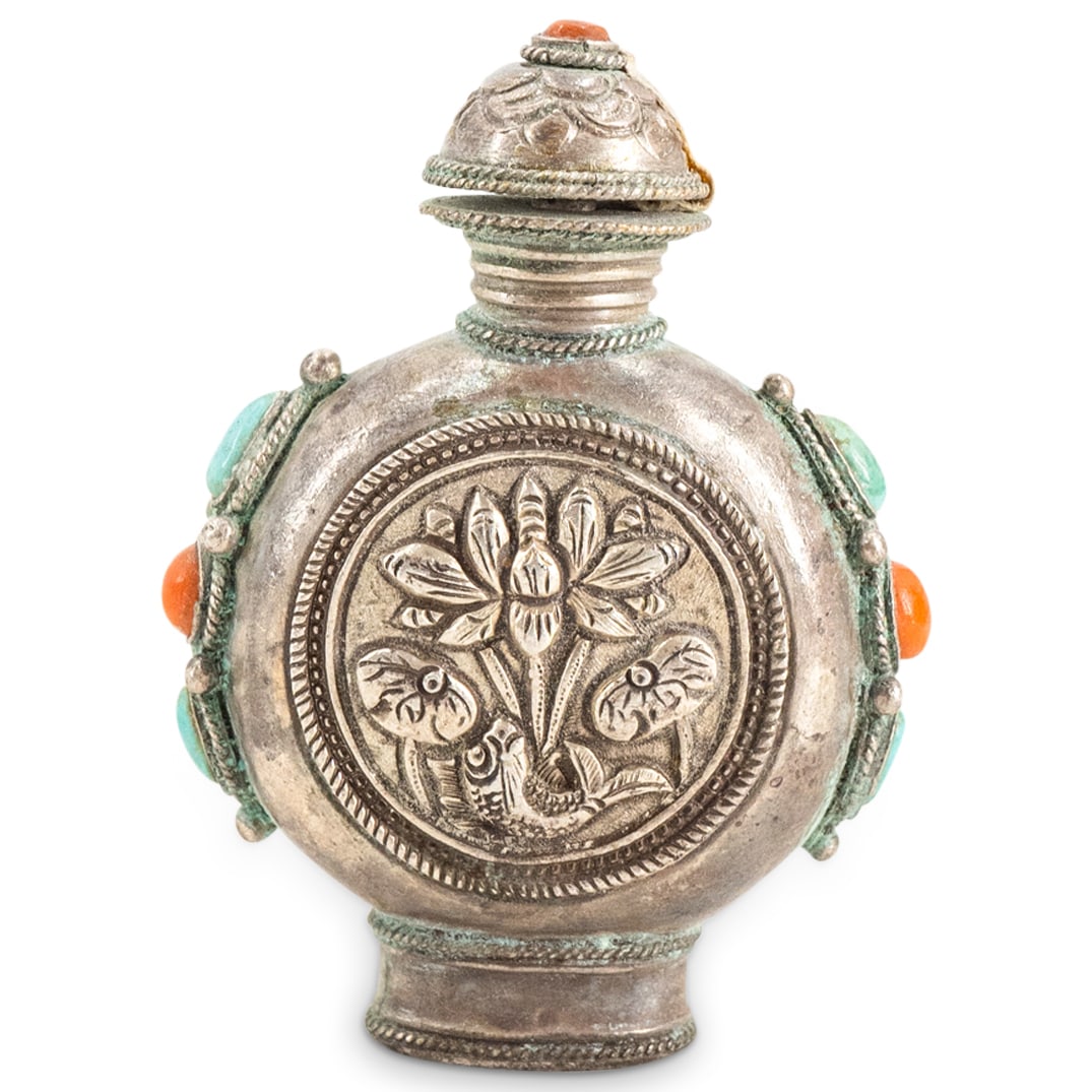 Antique Mongolian Silver Repousse, Coral, And Turquoise Snuff Bottle (1 of 3)
