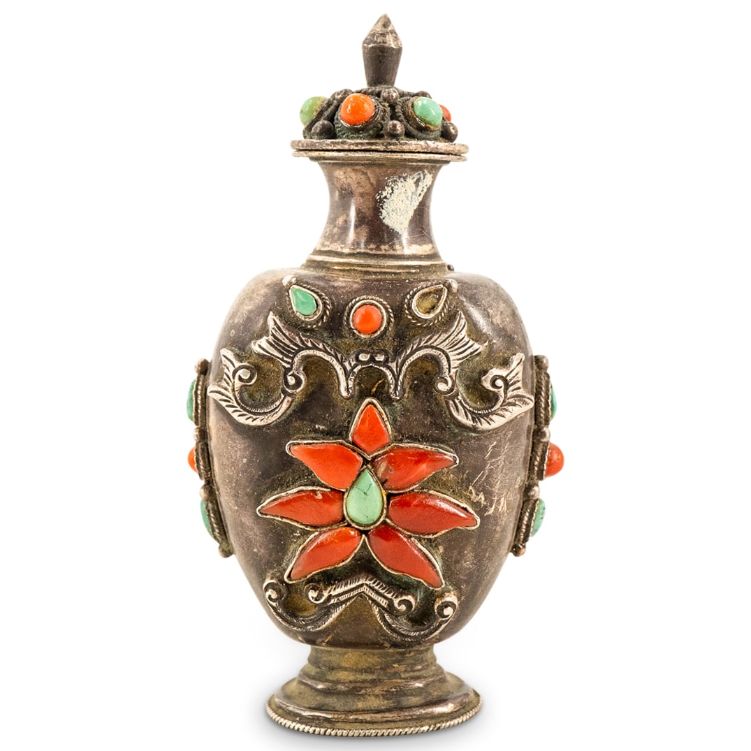 Antique Mongolian Silver, Coral, And Turquoise Lotus Snuff Bottle (1 of 4)