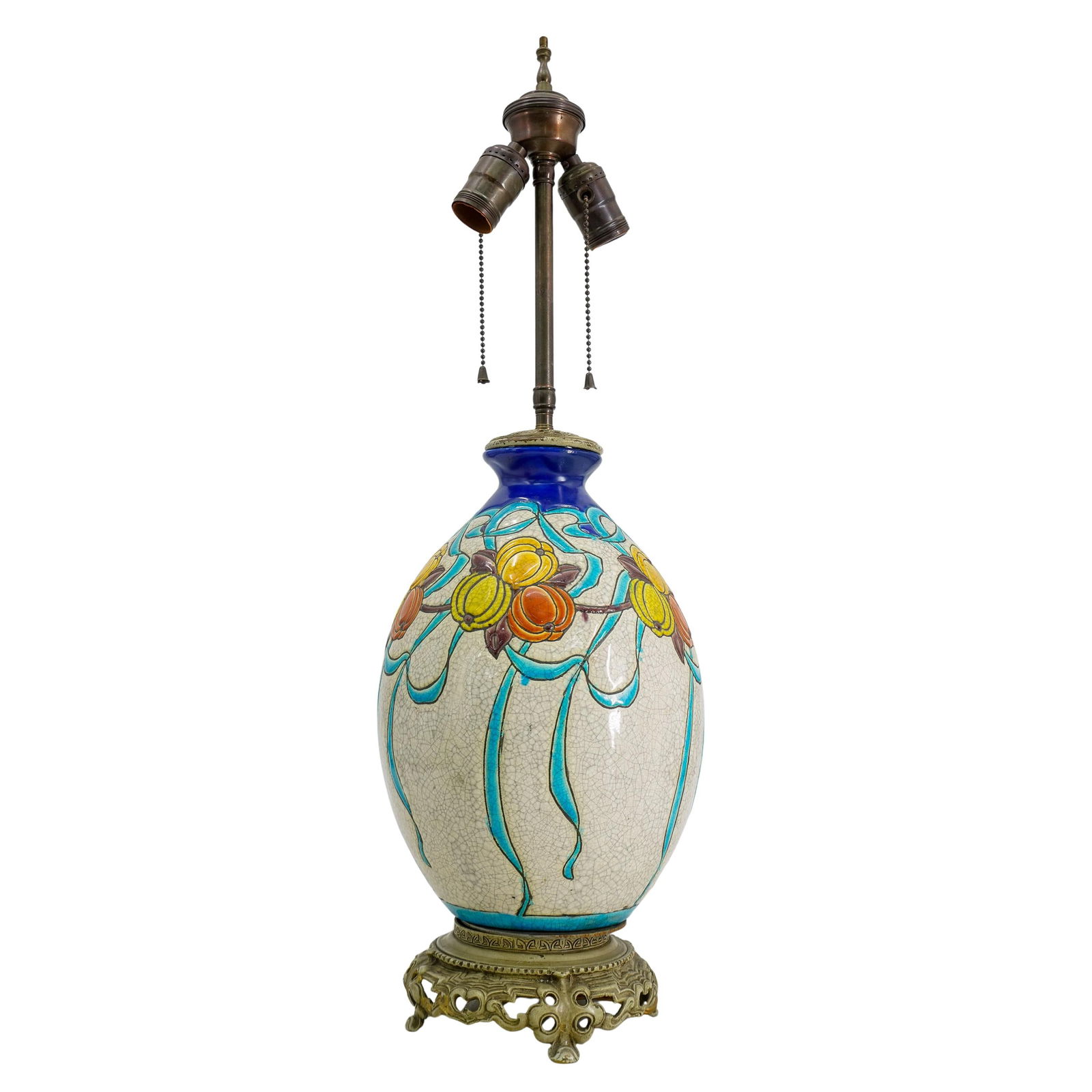 Charles Catteau for Boch Freres Art Deco Lamp: DESCRIPTION: Ceramic lamp by Charles Catteau, for Boch Freres. Featuring polychrome design with stylized gourd fruit, leaves, twigs, ribbons, and crackle glaze. Metal base and fixture. CIRCA: 1924 ORI