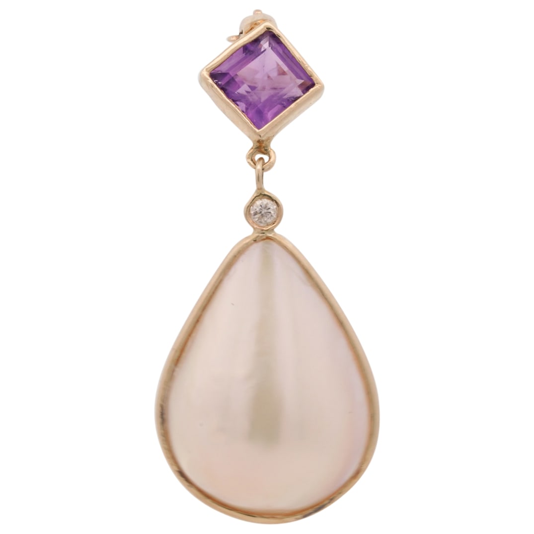 14k Gold, Diamond, Pearl, & Amethyst Pendant: DESCRIPTION: 14k gold pendant, featuring a large tear drop shape pearl as the center focal point, accented by a small round cut diamond in bezel setting above it. These both hang from a diamond shaped