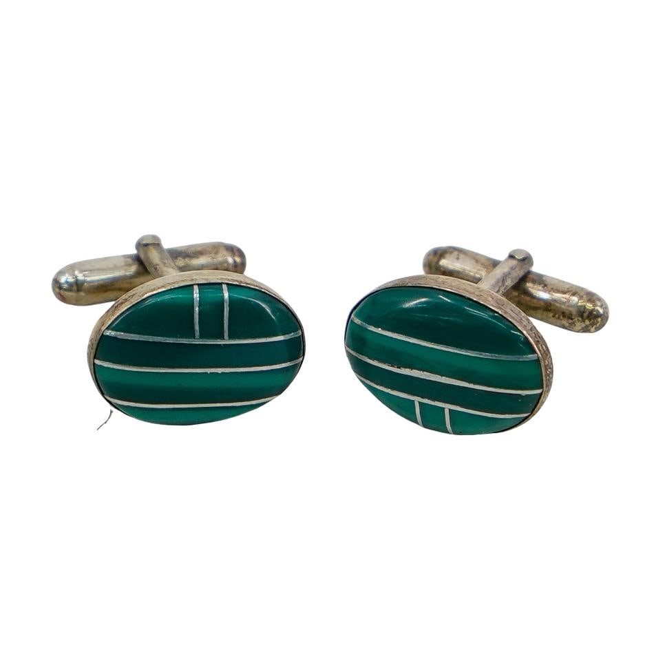 Pair Sterling Silver & Malachite Cufflinks (1 of 5)