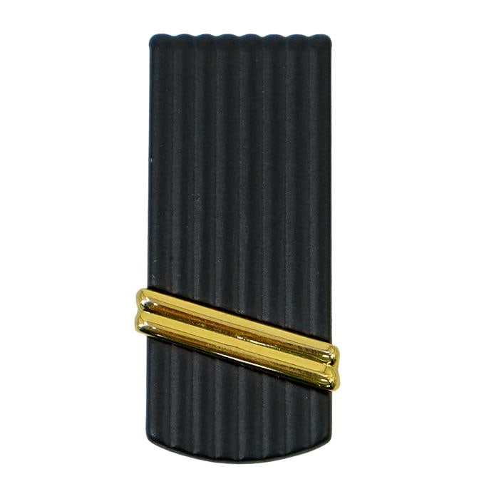 Pierre Cardin Black & Gold Money Clip: DESCRIPTION: Pierre Cardin money clip, featuring a matte black design with gold tone accent. Faintly signed on reverse. CIRCA: 20th Century ORIGIN: France DIMENSIONS: H: 1.75" L: 0.75" CONDITION: Grea