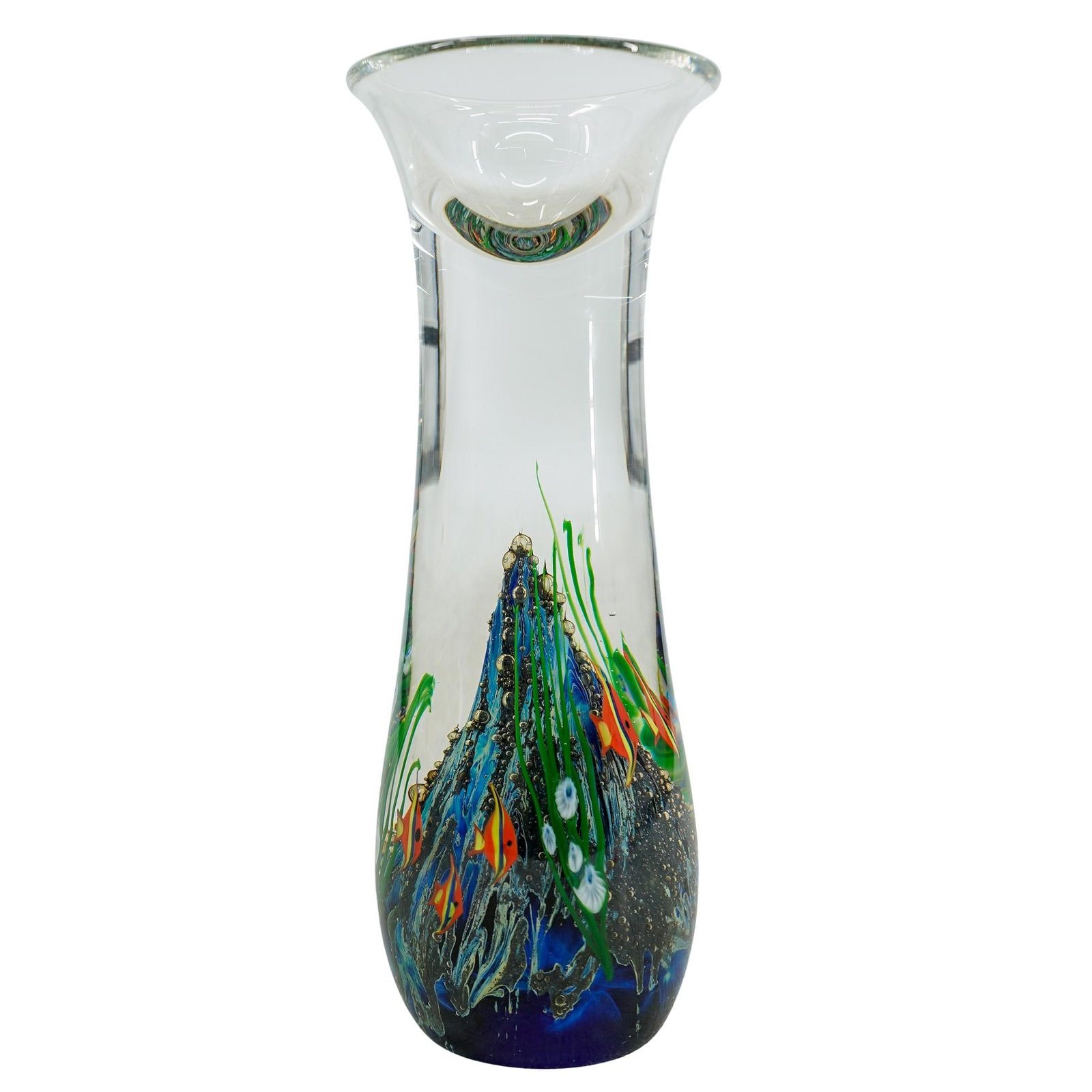 Zellique Studio Joseph Morel Art Glass Ocean Reef Vase: DESCRIPTION: Zellique Studio Joseph Morel art glass blown ocean reef designed vase with tropical fish, coral and controlled air bubble release designs. Incised: 'Zellique Studio, JM, 1996, SSPWV F3' C