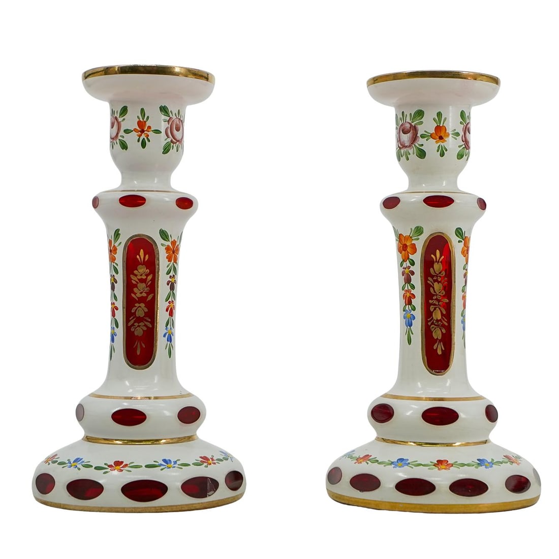(2 Pc) Bohemian Cut Clear to Cranberry Glass Candlesticks (1 of 8)